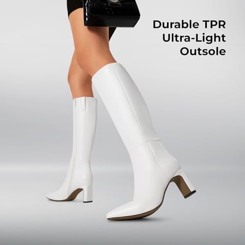 DREAM PAIRS Knee High Boots Women Chunky Block Heel Square Toe Side Zipper Tall Boots for Women,Size 6,White,DWUMKB2540