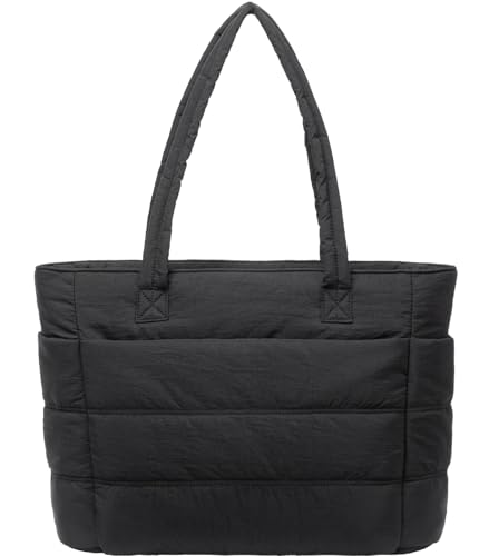 Image of POPUTALLY Puffer Tote Bag for Women Quilted Work Tote with Compartments Quilted Puffy Handbag Shoulder Bag for Travel Work(Black)