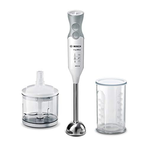Bosch Mixeur Plongeant ErgoMixx MSM66120 – Mélangeur ultra puissant pour les usages intenses – Puissance de 600 W – Mini-hâchoir inclus – Couleur : Blanc/Gris