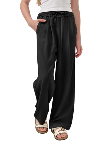 Image of Rolanko Girls Wide Leg Linen Pants Breathable Flowy Palazzo Trousers for School Beach Daily Wear 9-15 Years