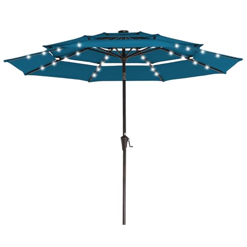 Image of JEAREY 3 Tiers Patio Umbrella with Solar Lights 9ft Outdoor Market Table Umbrellas with Push Button Tilt for Outside Pool Garden, Lake Blue