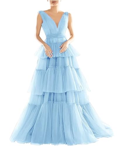 Tiered Tulle Prom Dress Long Ball Gown Double V Neck A Line Ruffle Formal Dresses Prom Gowns for Women