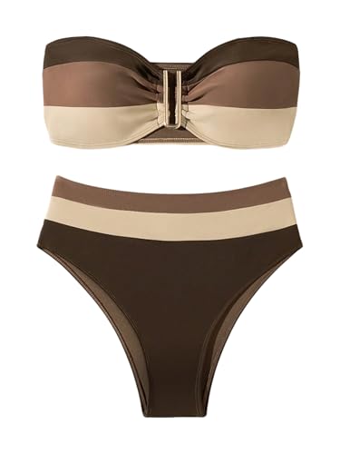 SweatyRocks Women's High Waisted Bikini Sets Color Block Strapless Bathing Suit Bandeau Swimsuits
