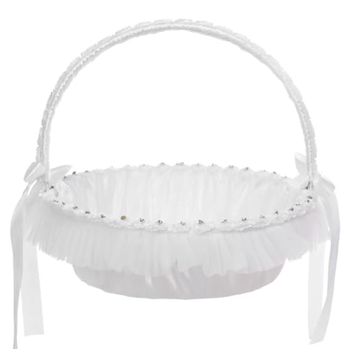 Panier à fleurs pour filles de mariage avec nœud en dentelle et strass, corbeille de mariage blanche avec poignée, corbeille de mariage 35 x 30 cm