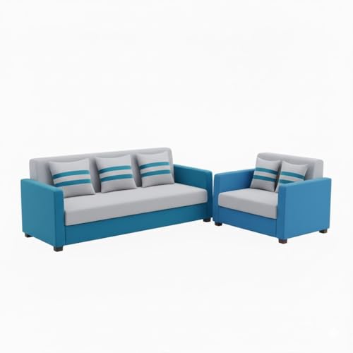 Image of FURNY Lifestylio 5 Seater Fabric 3+2 Sofa Set (Light Grey-Aqua Blue) Premium Velvet Finish | Ideal for Living Rooms, Offices