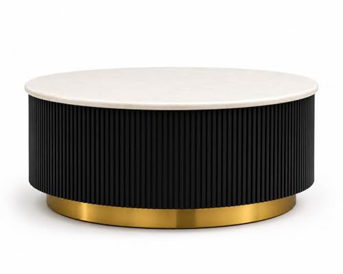 Image of Premium Luxury Marble-Top Wooden Center Table with Louvers & Acrylic Wooden Base | Premium Coffee Table for Living Room & Office (Black)