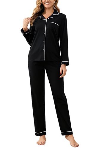 Image of 100% Cotton Pajama Sets for Women 2 Piece Long Sleeve Button Down Pjs Soft Comfy Ladies Sleepwear Lounge Sets S-XL