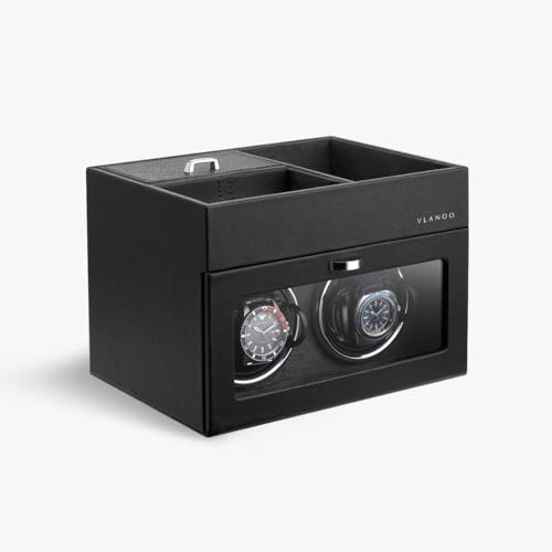 Vlando Automatic Double Watch Winder - Watch Winder Box with Men Jewelry Organizer Tray Japanese Quiet Motor LED Light Adjustable Watch Pillows AC Adapter - Black