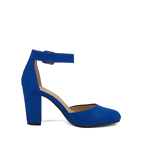 DREAM PAIRS DREAM PAIRS Women's High Heel Ankle Strap Closed Toe Chunky Wedding Party Pumps Shoes,Size 8.5,Royal/Blue/Suede,Angela