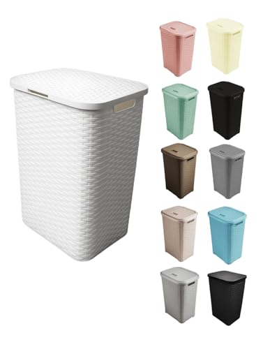 JARDIN202 - Cesto Ropa Sucia Pongotodo con Tapa y Asas | Cesta Colada Plástico Ratán | Cubo Ropa Sucia Ventilado | Baño Dormitorio | 38L/60L | 60 litros (Blanco)