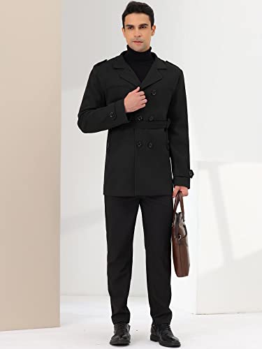 Image of Lars Amadeus Men's Black Pea Coat Slim Fit Notch Lapel Double Breasted Trench Coat with Belt Medium