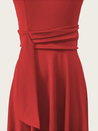 Image of FENJAR Women's Elegance Audrey Hepburn Style Ruched Dress Round Neck Sleeveless Swing Midi A-line Dresses (US, Alpha, Small, Regular, Regular, Red)