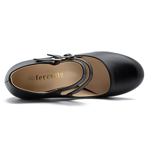 Women's Mary Jane Dress Shoes Double Strap Closed Round Toe Block High Heel Pumps4