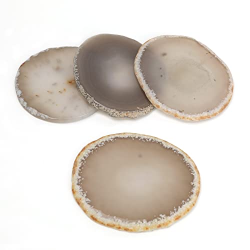 Folkor Life Set Of 4 Agate Coaster For Drinks, Natural Crystal Geode Coasters 3.5-4" Glass Cups Holder Decor For Coffee Table Bar Home Housewarming Birthday Gift (Semi-Transparent, Light Gray) #TOP20