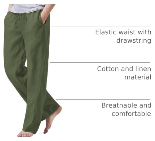 Image of iWoo Linen Pants Men Casual 2025 Summer Beach Elastic Drawstring Waist Yoga Pants Travel Baggy Work Pant Pajama