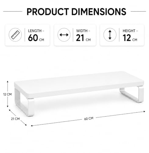 Image of Decorlay Engineered Wood Monitor Stand Riser for Desktop Computer & Laptop | Heavy Duty White Metal Frame | Ergonomic Monitor Shelf with Keyboard Storage | Space Saving Desk Organizer | Full White