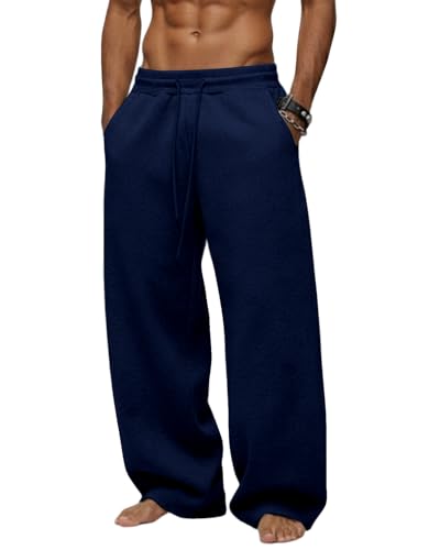 Tooprvix Mens Baggy Sweatpants Heavyweight Fleece Wide Leg Drawstring Sweat Pants Casual Loose Lounge Joggers with Pockets Slacks for Athletic Hiking Navy Blue