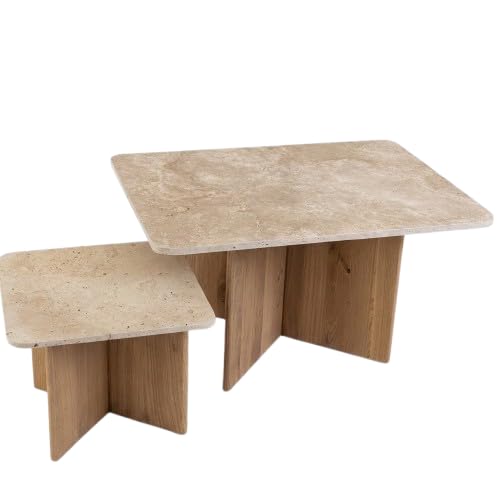 Table basse rectangle VÉRITABLE travertin et bois, chêne brut (Table 60x80cm + extension)