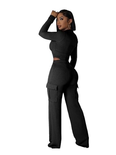 Molilove Womens 2 Piece Outfits Casual Ribbed Long Sleeve Bodysuit High Waist Wide Leg Cargo Pants Sets Fall Y2K Streetwear3