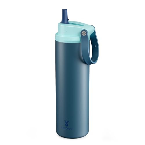 Image of Meoky 24 oz Insulated Stainless Steel Water Bottle: Flip-to-Pop Straw, Leak Proof, 24H Cold, Wide Mouth, BPA-Free, Non-slip Base, Gym Water Bottle for Men Teen Boys, Denim