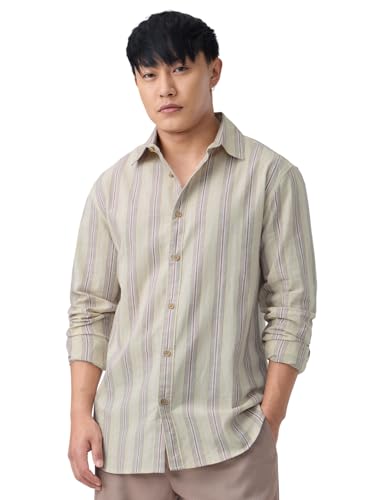 Image of The Souled Store: Echo Men and Boys Long Sleeve Spread Collar Beige and Blue Striped Regular Fit Casual Easy to Wear Summer Ready Lightweight Cotton Linen Shirt