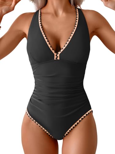 Image of B2prity One Piece Swimsuit for Women Tummy Control Ruched Bathing Suit Push Up Tie Back Swimwear Shell Stitched