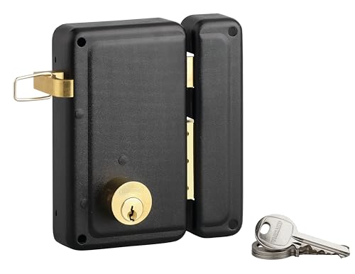 Serrure verticale en applique double entrée à tirage pour porte d'entrée, droit, 76x130mm, axe 45mm, noir, 3 clés - THIRARD