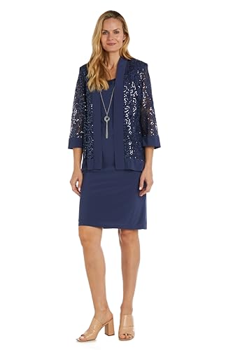 Image of R&M Richards Women's 2-Piece Knee Length Banded Hi-Lo Sequined Jacket Dress W /Detachable Necklace