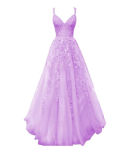 Spaghetti Straps Tulle Prom Dress with Applique V Neck Long Formal Ball Gowns A Line Floral Evening Dresses