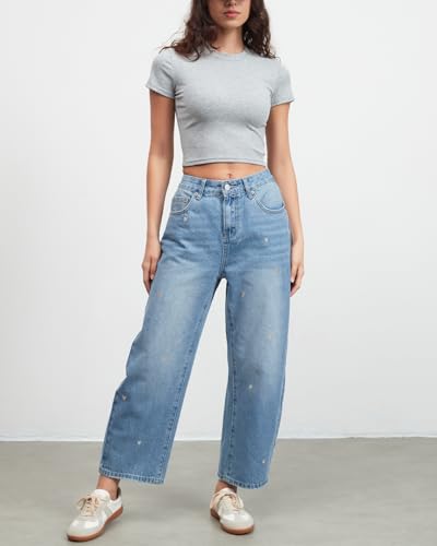 Women's Wide Leg Baggy Jeans Boyfriend Straight Leg Tapered Jeans Embroidered Heart Ankle Denim Pants4