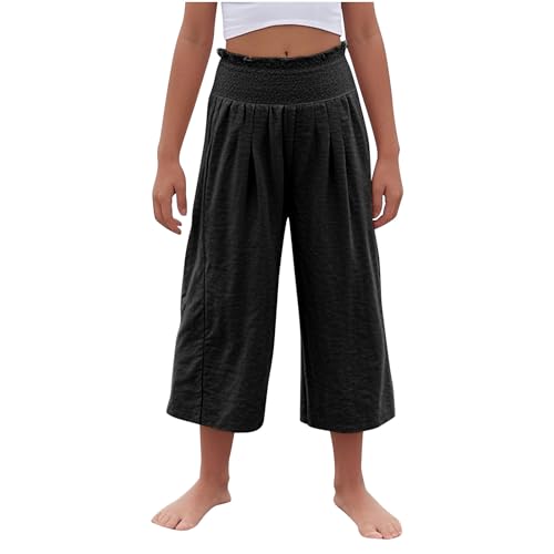 Linen Capris for Girls Summer Casual Palazzo Smocked High Waist Wide Leg Capris Travel Vacation Pants with Pockets4