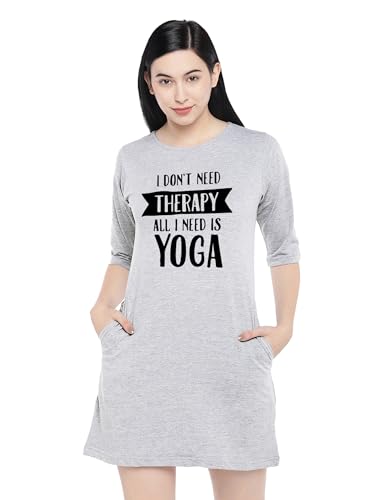 Image of STATUS MANTRA Women's Long T-Shirt Dress - Cotton Casual Knee Length Dress with 3 /4 Sleeves | Soft Bio-Washed Fabric, Crew Neck, Relaxed Fit | Comfy Summer Lounge Wear
