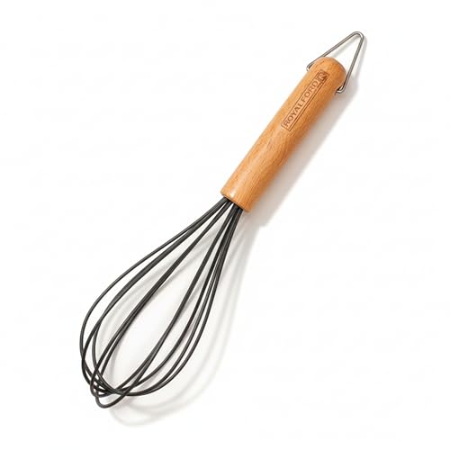 Royalford Silicone Balloon Egg Whisk with Beechwood Handle & Hanging Hook Non-Scratch Heat-Resistant Whisk for Cooking & Baking 26cm
