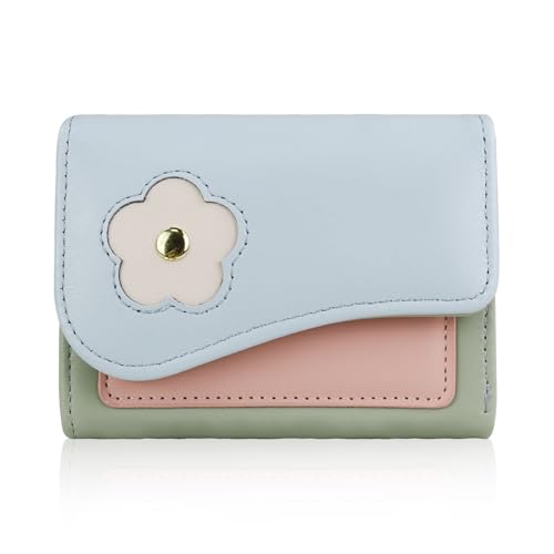 Andiker Small Womens Wallet, Trifold PU Leather Wallets for Women, Ladies Wallet with Floral Print Design (Blue)