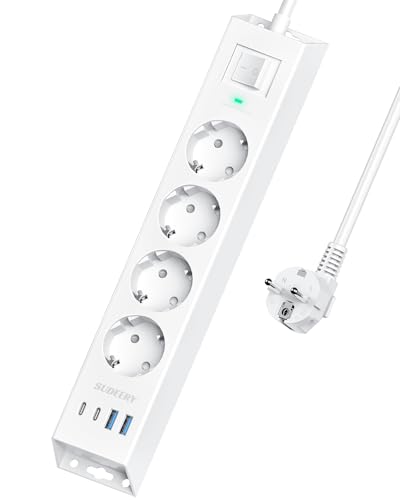 Multiprise 4 prises avec USB C, 8 en 1, montage mural avec interrupteur et câble de 2 m, multiprise avec parasurtenseur pour bureau, cuisine (blanc)
