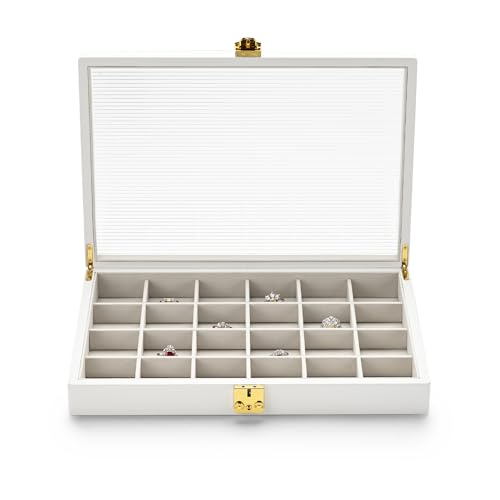 Leather 24Grids Jewelry Organizer Box with Acrylic Lid Premium Large Jewelry Box Bracelet Bangle Watch Jewellry Display Case(White)