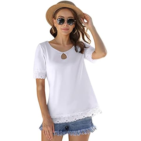 Terecey Blusa Algodón Sólido Manga Corta Encaje Cover