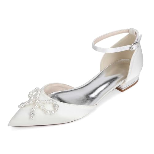 Scarpe Da Sposa Da Donna Con Punta A Punta In Raso Con Fiocchi Di Perle,Scarpe Da Donna Con Tacco E Punta Chiusa,Sandali Con Tacco Basso E Lacci,Scarpe Con Tacco Donna,Perfette Per Matrimoni E Feste