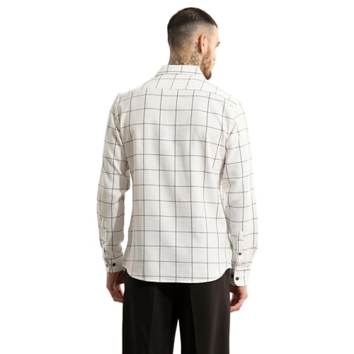 Image of SNITCH Men Cotton Off-White Check Regular Fit Shirt