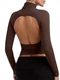 PINKMSTYLE Turtleneck Long Sleeve Open Back Tops Womens Ruched Double Lined Top Y2K Festival Outfits Brown Small