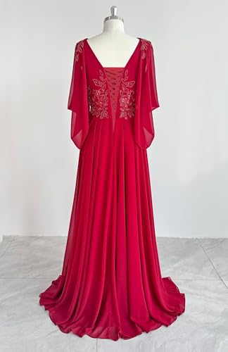 Lace Chiffon Mother of The Bride Dresses 2025 with Slit Sequin Beaded Formal Dresses V Neck Evening Gown with Cape Sleeve2