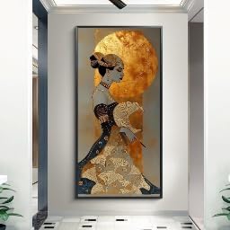 Mural de arte clásico estilo Klimt: pintura al óleo de mujer y lienzo de ginkgo azul de 20x40cm
