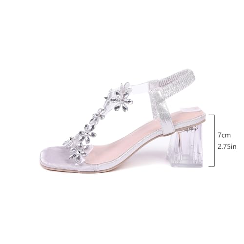 Lymphvity Women Rhinestone Flower Clear Block Heel Sandals,Fashion Elastic Ankle Strap Chunky High Heel Open Toe Sexy Elegant Dress Shoes Square Toe Heels Party Wedding Sandals2