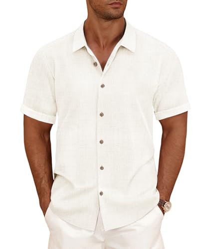 CURBODO Linen Blend Shirts for Men Casual Short Sleeve Button Down Shirt Cool Summer Beach Wedding Vacation Tops White L