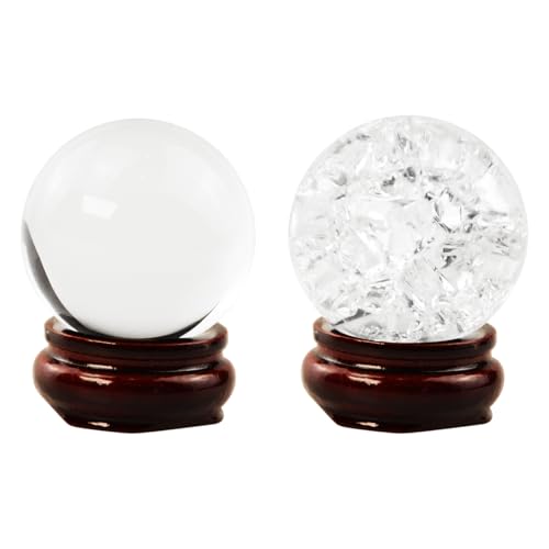 2 Pairs Crystal Ball with Stand, 40mm Clear Ice Crack Crystal Ball and Crystal Sphere Healing Crystal Ball, Sparkling Clear Crystal Ball for Magic/Photography/FengShui/Witchy Gifts/and Halloween Décor