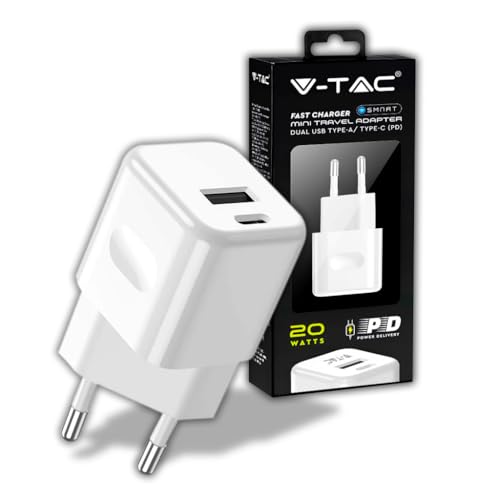 Cargador rápido 20W USB-C V-TAC mini con doble puerto tipo C y USB A