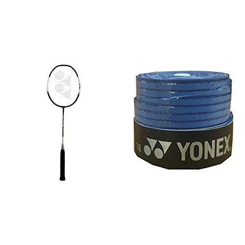 Image of Yonex ZR 100 Light Aluminium Badminton Racquet with Full Cover | Made in India (Black)+Yonex ET 903 E Super Rubber Badminton Grip (Blue)