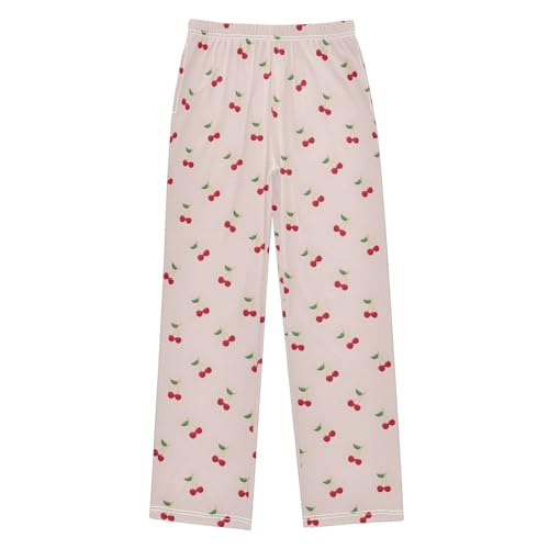 Cherry Pattern Pajama Pants Lounge Sleep Pants Elastic Waist Long Pajama Bottoms with Pockets for 6-14 Years