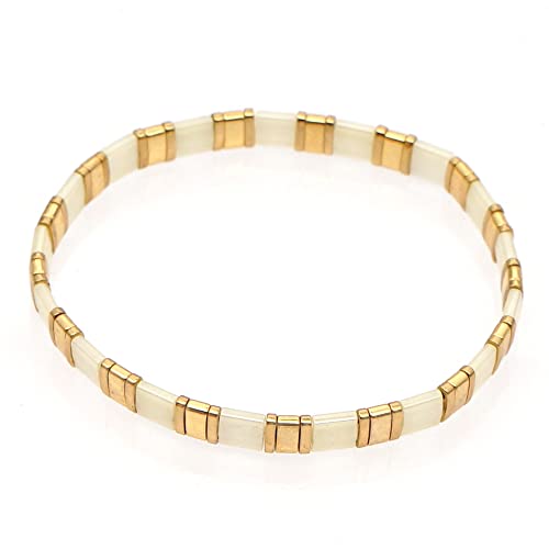 Sonateomber Tile Flat Beaded Stretch Strand Bracelets For Women - Trendy Boho Friendship Handmade White Yellow Gold Square Beads Stackable Elastic Beach Surfer Bracelet Fashion Jewelry Gifts cover
