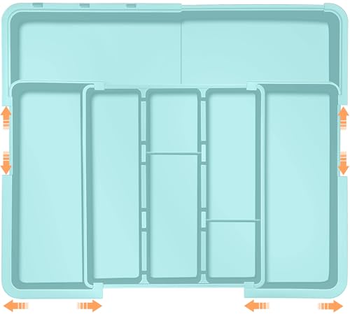 Large Utensil Drawer Organizer Expandable Silverware Organizer for Kitchen Drawer Adjustable Cooking Utensil Holder Cutlery Flatware Tray Spatula Tools Gadgets Storage Dividers Plastic Turquoise